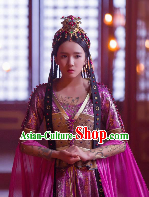 Chinese Drama Young Blood Ancient Royal Princess Pei Jing Purple Costumes and Headpiece for Women