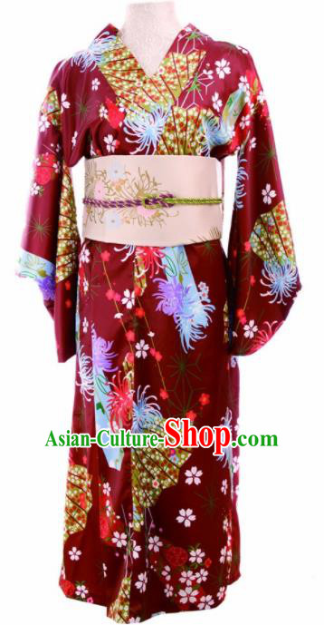 Traditional Japanese Printing Chrysanthemum Wine Red Kimono Asian Japan Yukata Dress for Women