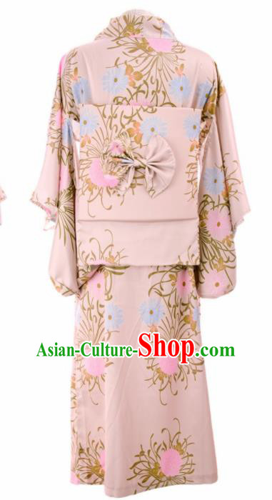 Traditional Japanese Printing Chrysanthemum Pink Kimono Asian Japan Yukata Dress for Women