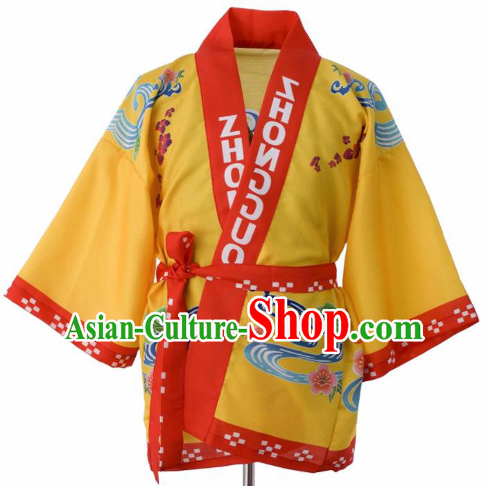 Traditional Japanese Printing Yellow Yamato Shirt Kimono Asian Japan Costume for Men