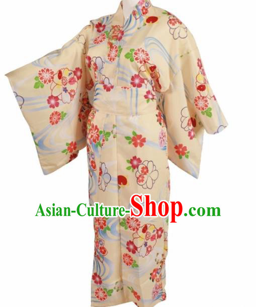 Traditional Japanese Printing Yellow Kimono Asian Japan Blue Dress for Women