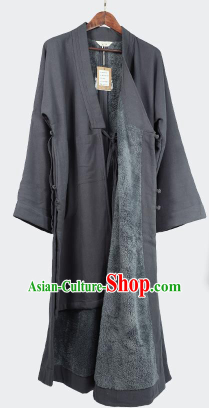 Traditional Chinese Monk Costume Winter Grey Woolen Long Gown for Men
