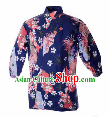 Traditional Japanese Printing Chrysanthemum Navy Shirt Kimono Asian Japan Costume for Men