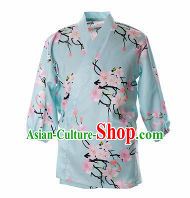 Traditional Japanese Printing Peach Flowers Blue Shirt Kimono Asian Japan Costume for Men