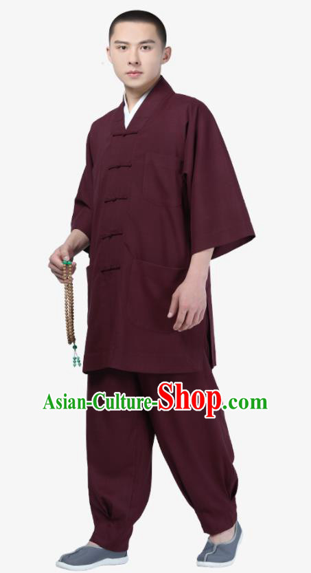 Traditional Chinese Monk Costume Meditation Purplish Red Shirt and Pants for Men