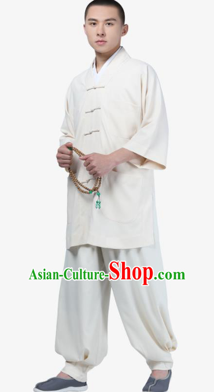 Traditional Chinese Monk Costume Meditation White Shirt and Pants for Men
