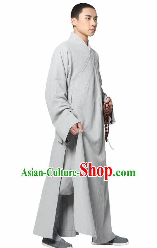 Traditional Chinese Monk Costume Light Grey Ramie Long Gown for Men