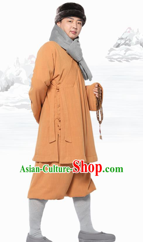 Traditional Chinese Monk Costume Meditation Yellow Flax Outfits Shirt and Pants for Men