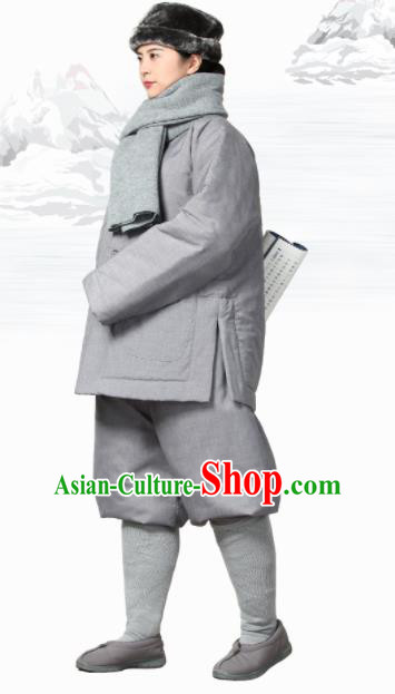 Traditional Chinese Monk Costume Meditation Outfits Grey Cotton Wadded Jacket Shirt and Pants for Men