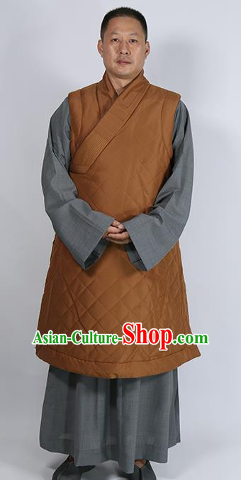 Traditional Chinese Monk Costume Lay Buddhists Khaki Cotton Padded Jacket for Men