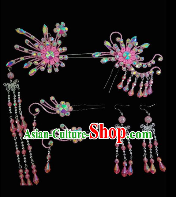 Chinese Traditional Beijing Opera Hair Accessories Peking Opera Diva Pink Flower Hairpins Complete Set for Adults