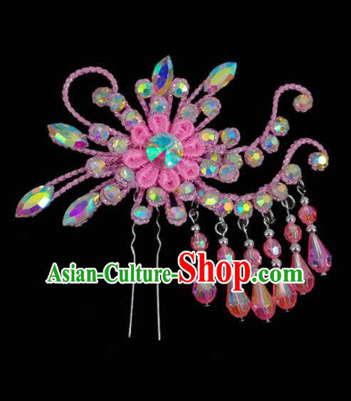 Chinese Traditional Beijing Opera Hair Accessories Peking Opera Diva Pink Flower Tassel Hairpins for Adults