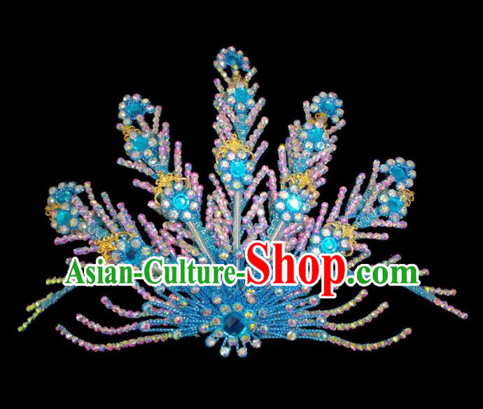 Chinese Traditional Beijing Opera Hair Accessories Peking Opera Diva Blue Phoenix Hairpins for Adults