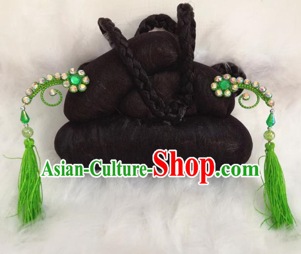 Chinese Traditional Beijing Opera Hair Accessories Peking Opera Green Tassel Hairpins for Adults