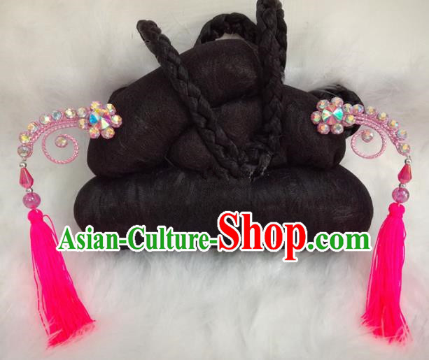 Chinese Traditional Beijing Opera Hair Accessories Peking Opera Rosy Tassel Hairpins for Adults