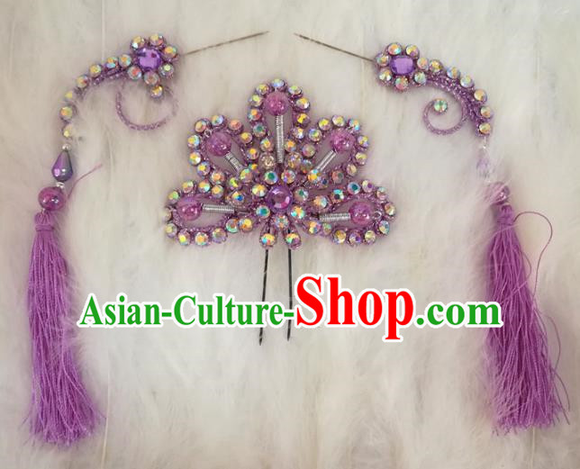 Chinese Traditional Beijing Opera Hair Accessories Peking Opera Purple Flower Hairpins Tassel Step Shake for Adults