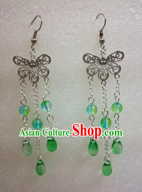 Chinese Traditional Beijing Opera Accessories Peking Opera Green Beads Tassel Butterfly Earrings for Adults