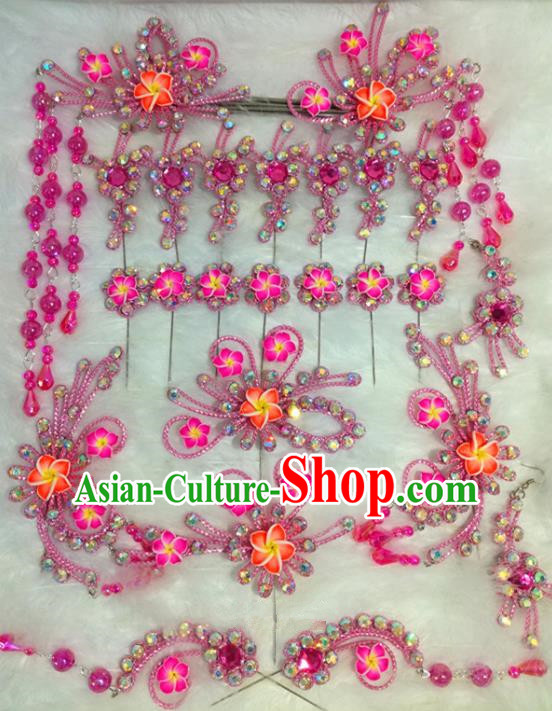 Chinese Traditional Beijing Opera Hair Accessories Peking Opera Pink Flower Hairpins Complete Set for Adults