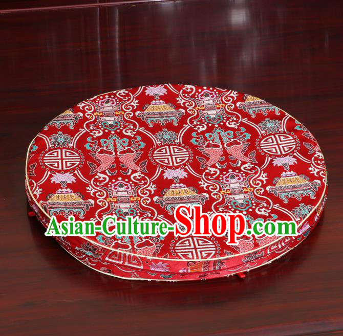 Chinese Classical Household Ornament Traditional Red Brocade Rush Cushion Cover Fishes Pattern Mat Cover