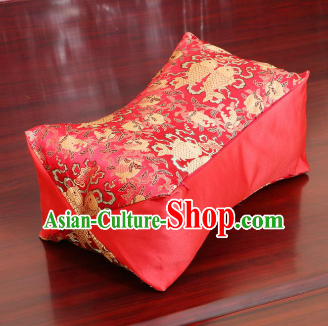 Chinese Traditional Fishes Pattern Red Brocade Pillow Slip Pillow Cover Classical Household Ornament