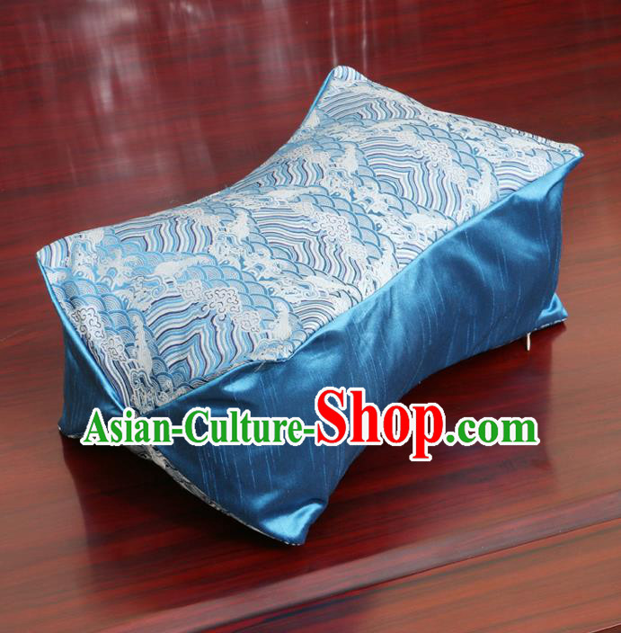 Chinese Traditional Wave Pattern Blue Brocade Pillow Slip Pillow Cover Classical Household Ornament
