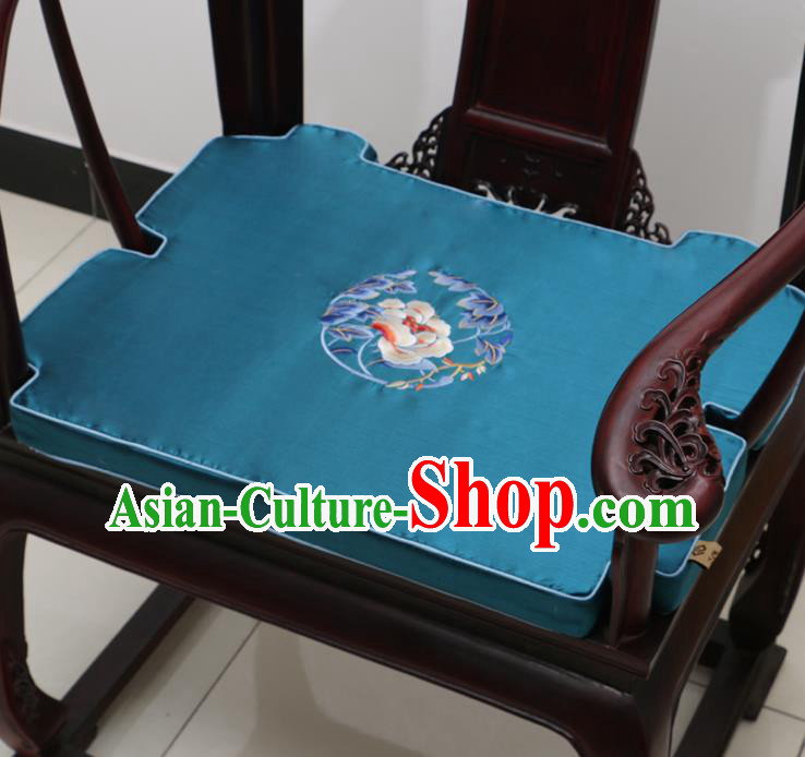Chinese Classical Household Ornament Armchair Cushion Cover Traditional Embroidered Peony Peacock Blue Brocade Mat Cover