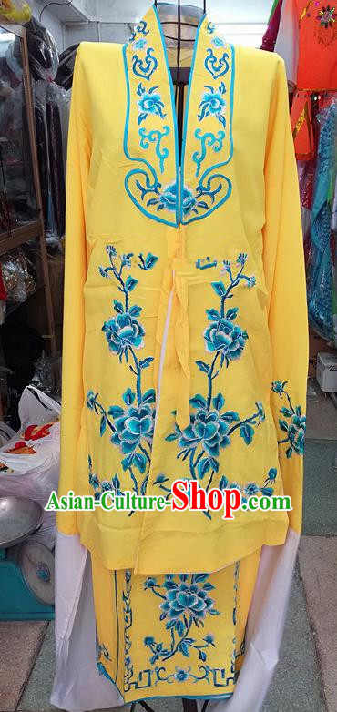 Chinese Traditional Beijing Opera Tsingyi Costume Peking Opera Actress Embroidered Peony Yellow Dress for Adults