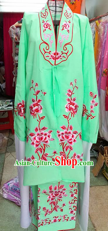 Chinese Traditional Beijing Opera Tsingyi Costume Peking Opera Actress Embroidered Peony Green Dress for Adults