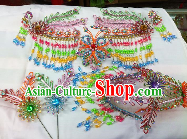 Chinese Traditional Beijing Opera Colorful Phoenix Head Ornaments Hairpins Hair Accessories for Adults