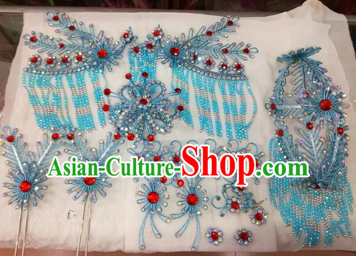 Chinese Traditional Beijing Opera Blue Phoenix Head Ornaments Hairpins Hair Accessories for Adults