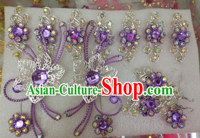 Chinese Traditional Beijing Opera Actress Crystal Purple Hairpins Hair Accessories for Adults