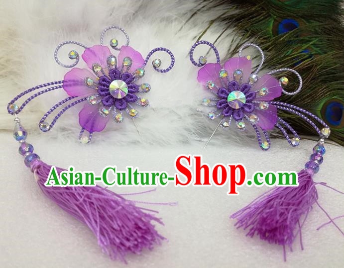 Chinese Traditional Beijing Opera Actress Purple Tassel Flower Hair Clips Hair Accessories Ancient Hairpins for Adults