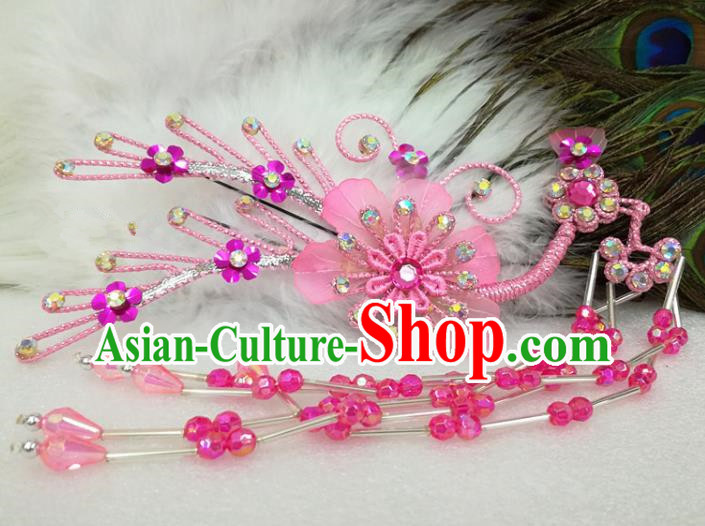 Chinese Traditional Beijing Opera Actress Pink Flower Hairpins Hair Accessories for Adults