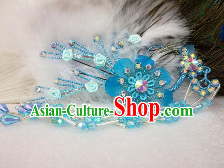 Chinese Traditional Beijing Opera Actress Blue Flower Hairpins Hair Accessories for Adults