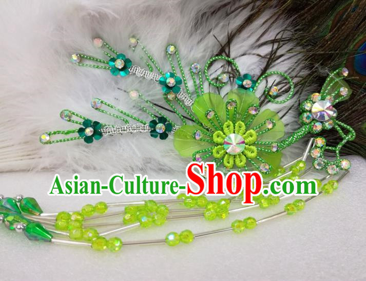 Chinese Traditional Beijing Opera Actress Green Flower Hairpins Hair Accessories for Adults