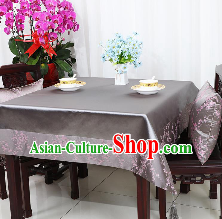 Chinese Traditional Plum Blossom Pattern Grey Brocade Table Cloth Classical Satin Household Ornament Desk Cover