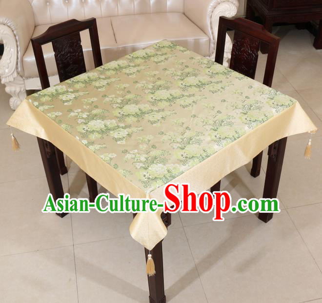Chinese Traditional Peony Pattern Beige Brocade Desk Cloth Classical Satin Household Ornament Table Cover