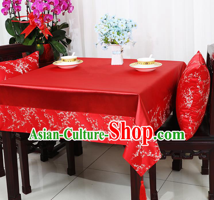Chinese Traditional Plum Blossom Pattern Red Brocade Table Cloth Classical Satin Household Ornament Desk Cover
