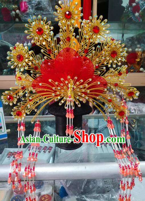 Chinese Traditional Beijing Opera Red Beads Tassel Phoenix Coronet Princess Hair Accessories for Adults