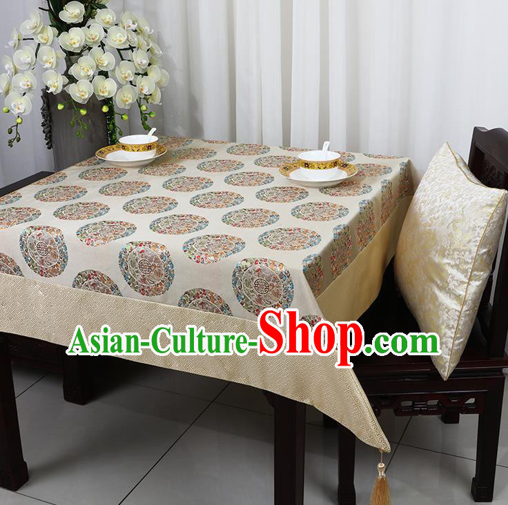 Chinese Traditional Peony Pattern Beige Brocade Table Cloth Classical Satin Household Ornament Desk Cover