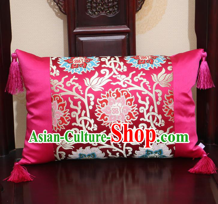 Chinese Traditional Lotus Pattern Rosy Brocade Back Cushion Cover Classical Household Ornament