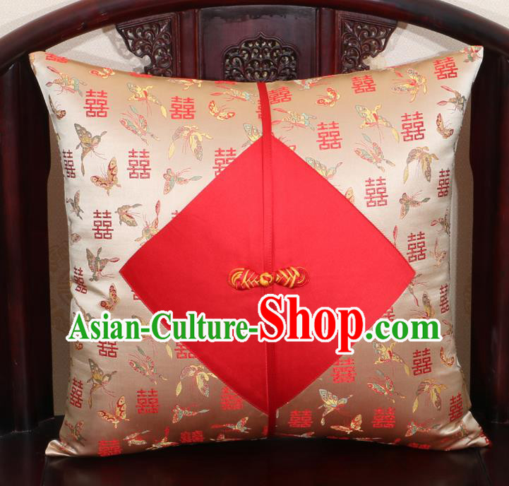 Chinese Classical Butterfly Pattern Golden Brocade Pipa Button Back Cushion Cover Traditional Household Ornament