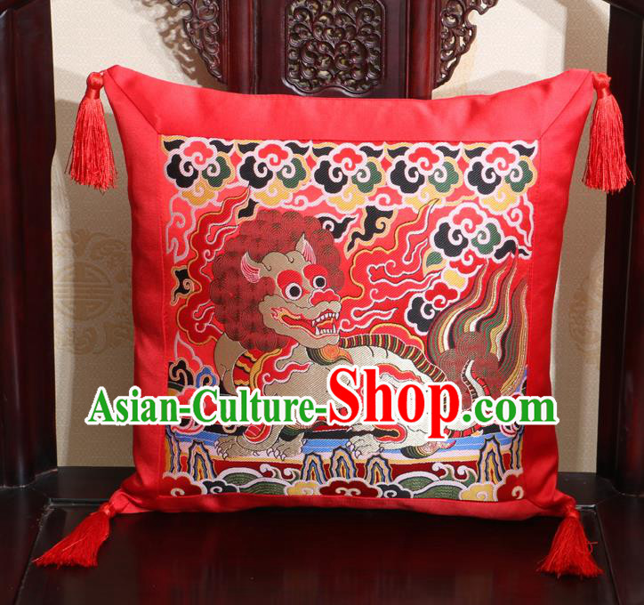 Chinese Classical Kylin Pattern Red Brocade Square Cushion Cover Traditional Household Ornament