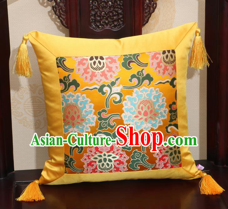 Chinese Classical Lotus Pattern Golden Brocade Square Cushion Cover Traditional Household Ornament