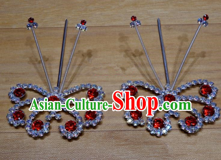 Chinese Traditional Beijing Opera Diva Red Crystal Butterfly Hairpins Princess Hair Accessories for Adults