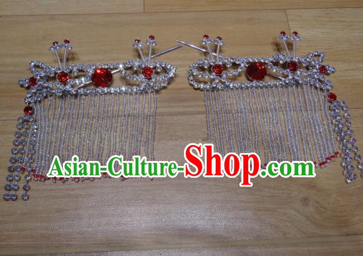 Chinese Traditional Beijing Opera Diva Sidebums Red Tassel Hairpins Princess Hair Accessories for Adults