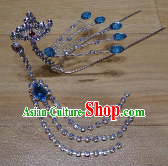 Chinese Traditional Beijing Opera Diva Blue Crystal Phoenix Tassel Hairpins Princess Hair Accessories for Adults