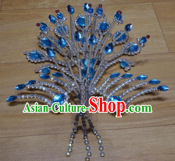 Chinese Traditional Beijing Opera Phoenix Hairpins Princess Blue Crystal Hair Accessories for Adults