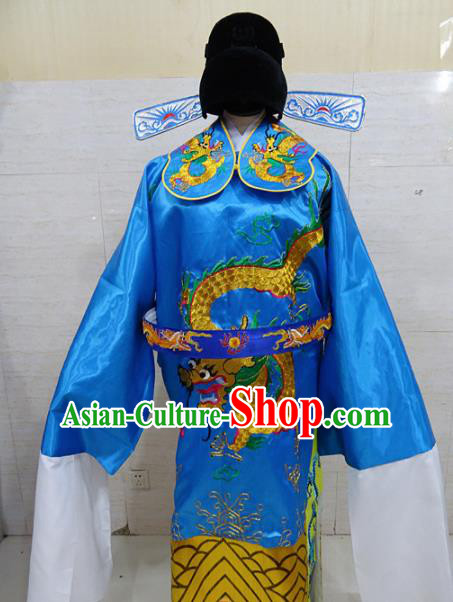 Chinese Traditional Beijing Opera Prime Minister Blue Embroidered Robe Peking Opera Old Men Costume for Adults