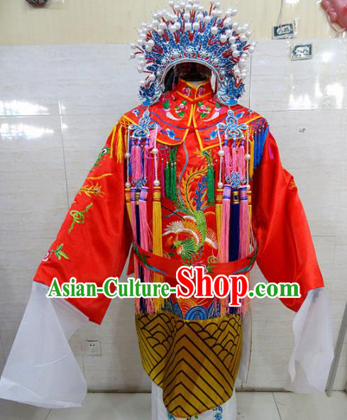 Chinese Traditional Beijing Opera Queen Red Embroidered Phoenix Robe Peking Opera Costume for Adults